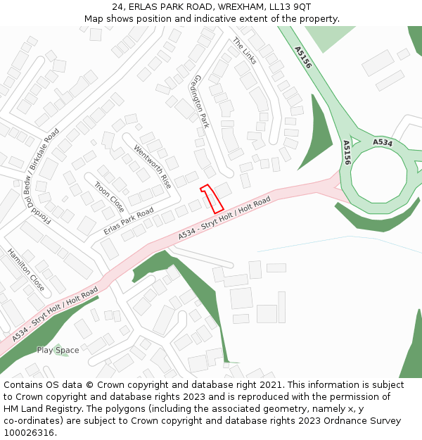 24, ERLAS PARK ROAD, WREXHAM, LL13 9QT: Location map and indicative extent of plot