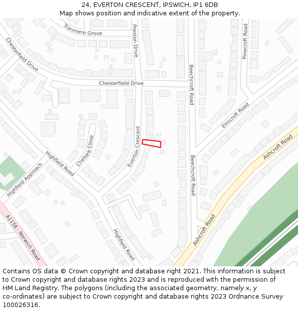 24, EVERTON CRESCENT, IPSWICH, IP1 6DB: Location map and indicative extent of plot