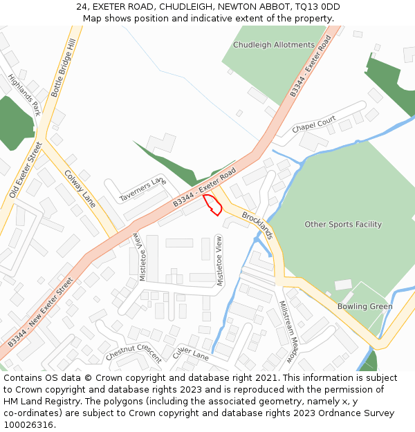 24, EXETER ROAD, CHUDLEIGH, NEWTON ABBOT, TQ13 0DD: Location map and indicative extent of plot