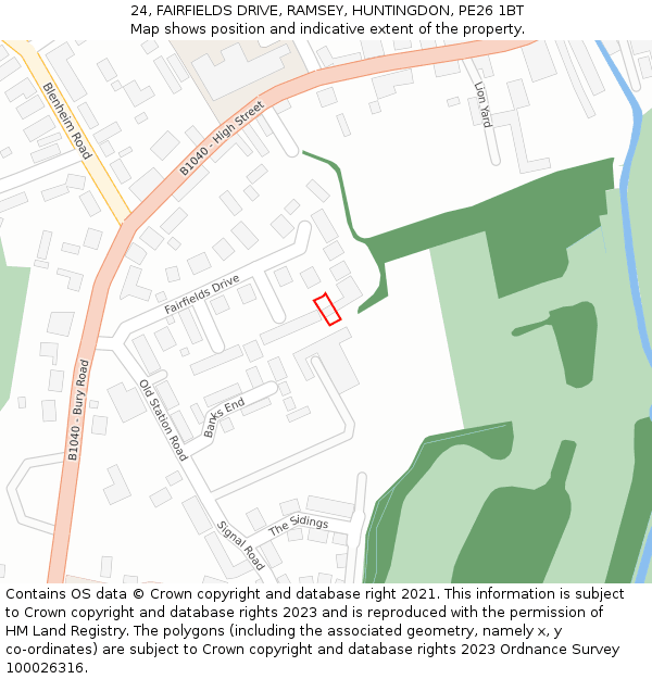 24, FAIRFIELDS DRIVE, RAMSEY, HUNTINGDON, PE26 1BT: Location map and indicative extent of plot