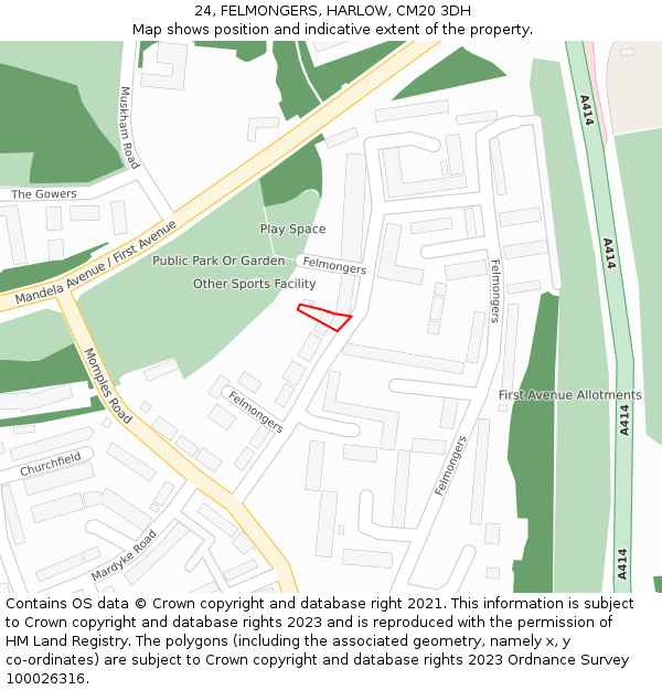 24, FELMONGERS, HARLOW, CM20 3DH: Location map and indicative extent of plot