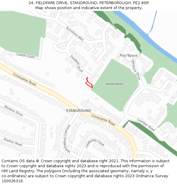 24, FIELDFARE DRIVE, STANGROUND, PETERBOROUGH, PE2 8SR: Location map and indicative extent of plot