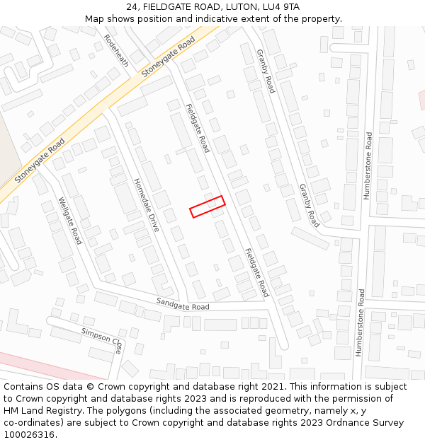 24, FIELDGATE ROAD, LUTON, LU4 9TA: Location map and indicative extent of plot