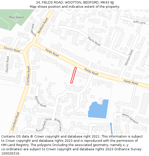 24, FIELDS ROAD, WOOTTON, BEDFORD, MK43 9JJ: Location map and indicative extent of plot