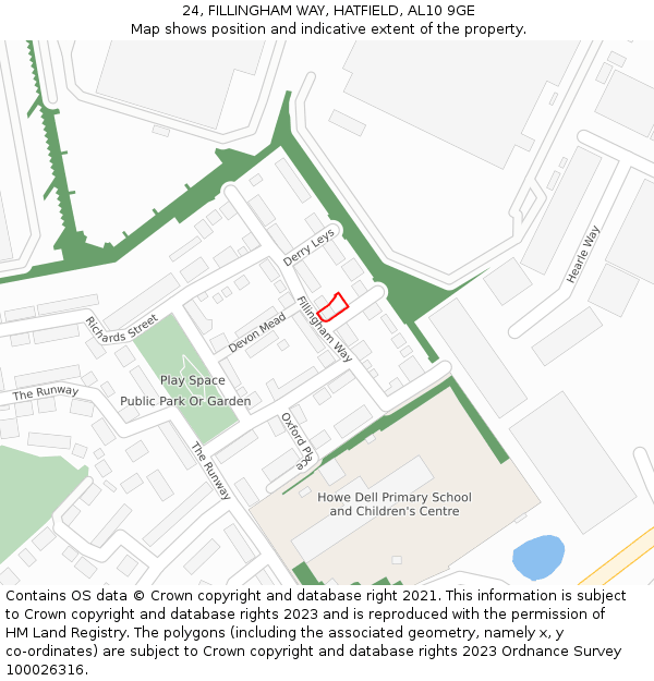 24, FILLINGHAM WAY, HATFIELD, AL10 9GE: Location map and indicative extent of plot