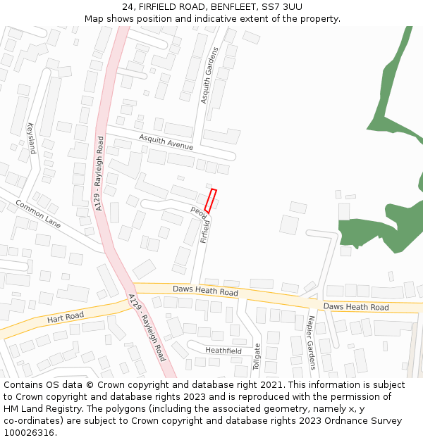 24, FIRFIELD ROAD, BENFLEET, SS7 3UU: Location map and indicative extent of plot