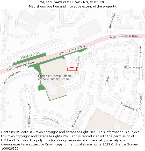 24, FIVE OAKS CLOSE, WOKING, GU21 8TU: Location map and indicative extent of plot