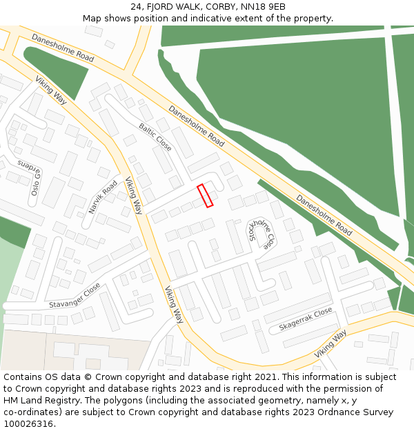 24, FJORD WALK, CORBY, NN18 9EB: Location map and indicative extent of plot