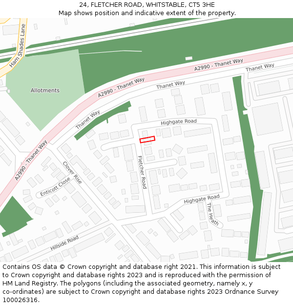 24, FLETCHER ROAD, WHITSTABLE, CT5 3HE: Location map and indicative extent of plot