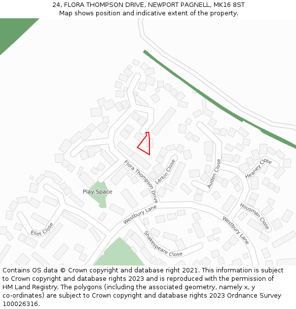 24, FLORA THOMPSON DRIVE, NEWPORT PAGNELL, MK16 8ST: Location map and indicative extent of plot