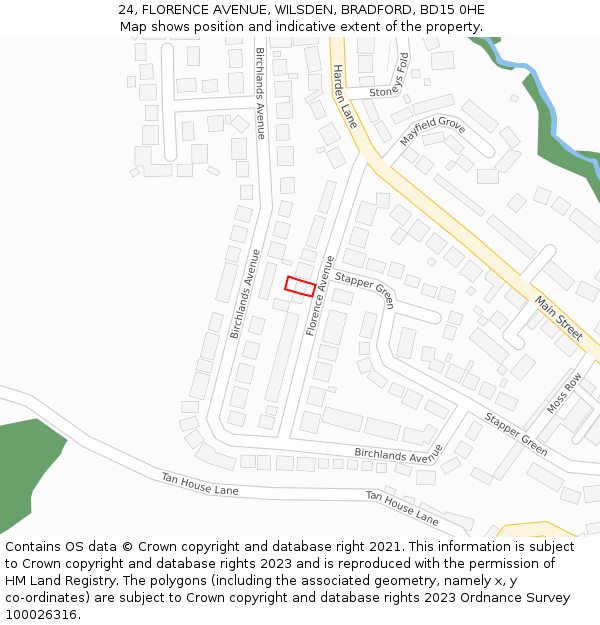 24, FLORENCE AVENUE, WILSDEN, BRADFORD, BD15 0HE: Location map and indicative extent of plot