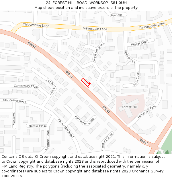 24, FOREST HILL ROAD, WORKSOP, S81 0UH: Location map and indicative extent of plot