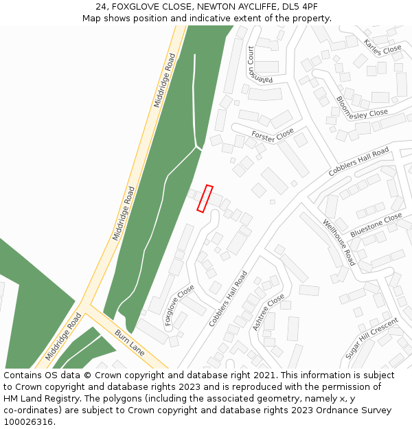 24, FOXGLOVE CLOSE, NEWTON AYCLIFFE, DL5 4PF: Location map and indicative extent of plot