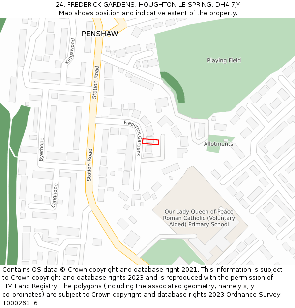 24, FREDERICK GARDENS, HOUGHTON LE SPRING, DH4 7JY: Location map and indicative extent of plot