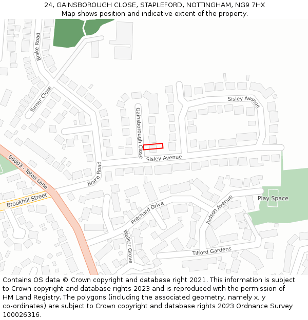 24, GAINSBOROUGH CLOSE, STAPLEFORD, NOTTINGHAM, NG9 7HX: Location map and indicative extent of plot