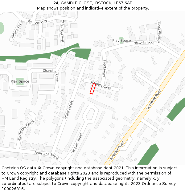 24, GAMBLE CLOSE, IBSTOCK, LE67 6AB: Location map and indicative extent of plot
