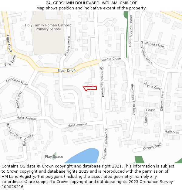 24, GERSHWIN BOULEVARD, WITHAM, CM8 1QF: Location map and indicative extent of plot