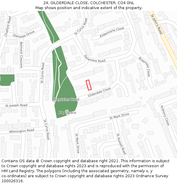 24, GILDERDALE CLOSE, COLCHESTER, CO4 0NL: Location map and indicative extent of plot