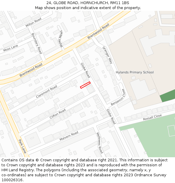 24, GLOBE ROAD, HORNCHURCH, RM11 1BS: Location map and indicative extent of plot