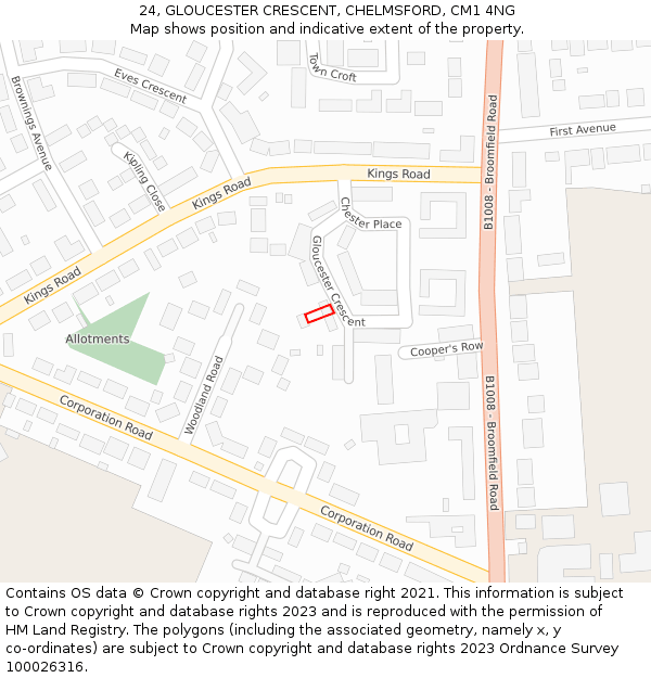 24, GLOUCESTER CRESCENT, CHELMSFORD, CM1 4NG: Location map and indicative extent of plot