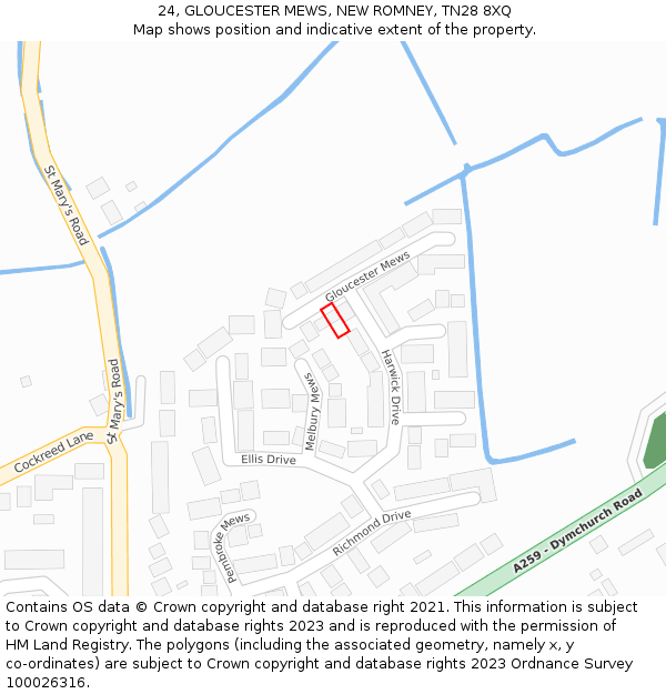 24, GLOUCESTER MEWS, NEW ROMNEY, TN28 8XQ: Location map and indicative extent of plot