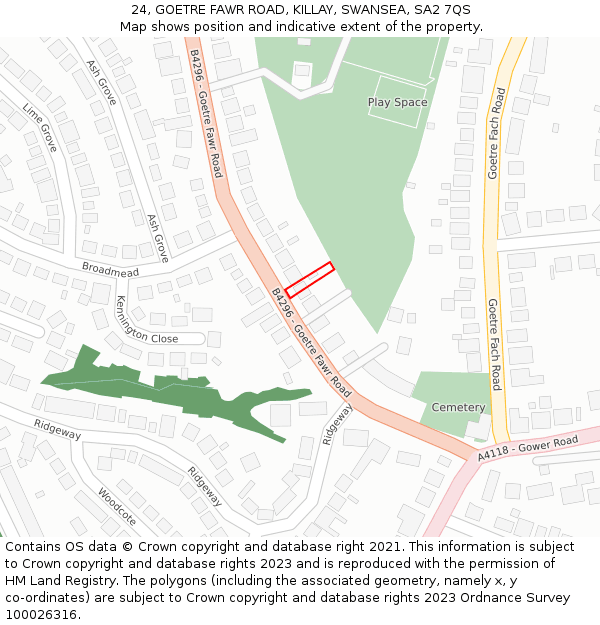 24, GOETRE FAWR ROAD, KILLAY, SWANSEA, SA2 7QS: Location map and indicative extent of plot