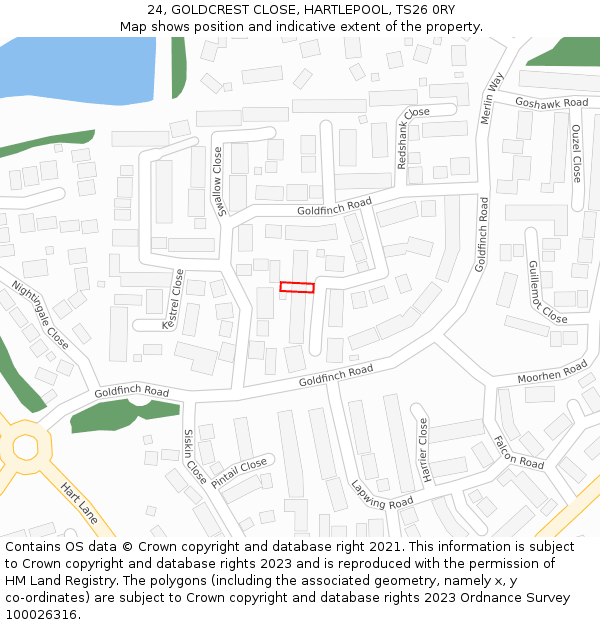 24, GOLDCREST CLOSE, HARTLEPOOL, TS26 0RY: Location map and indicative extent of plot