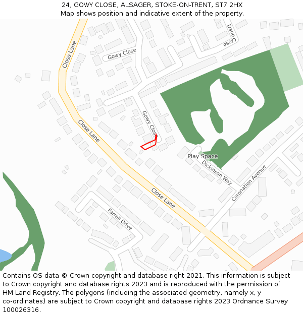 24, GOWY CLOSE, ALSAGER, STOKE-ON-TRENT, ST7 2HX: Location map and indicative extent of plot