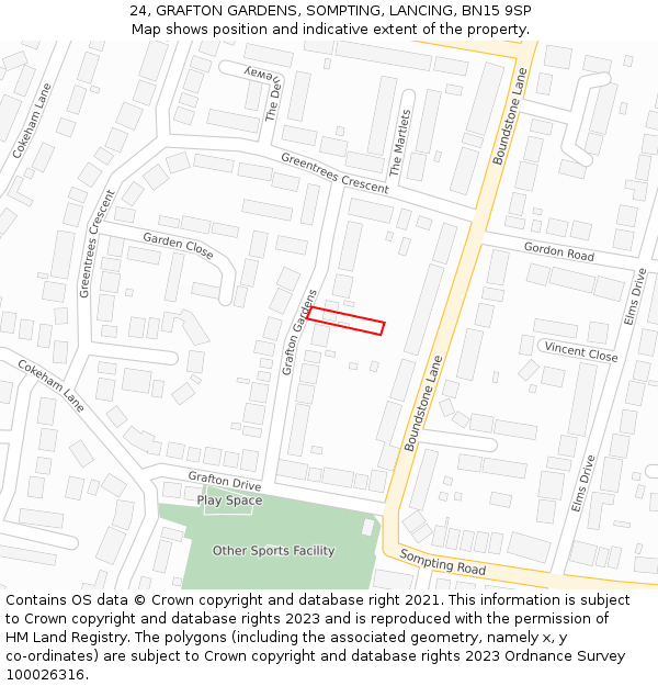 24, GRAFTON GARDENS, SOMPTING, LANCING, BN15 9SP: Location map and indicative extent of plot