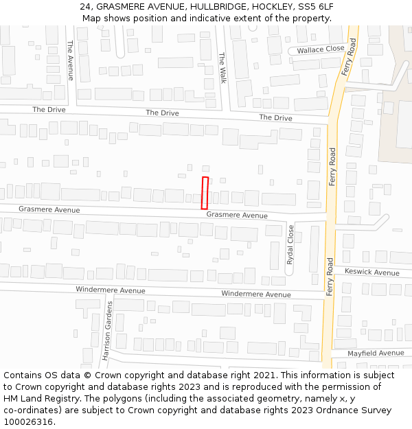 24, GRASMERE AVENUE, HULLBRIDGE, HOCKLEY, SS5 6LF: Location map and indicative extent of plot