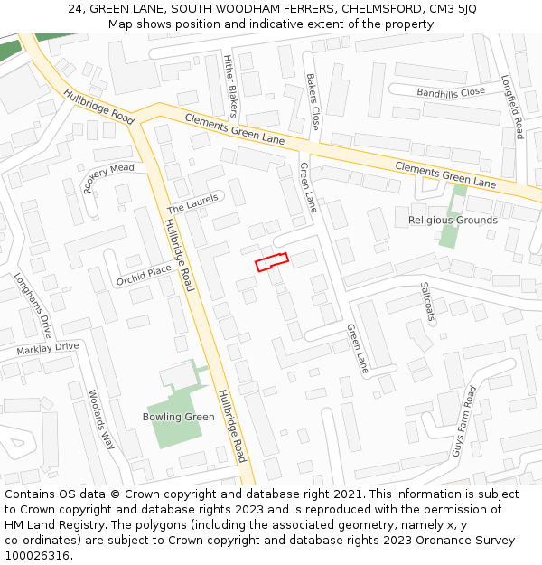 24, GREEN LANE, SOUTH WOODHAM FERRERS, CHELMSFORD, CM3 5JQ: Location map and indicative extent of plot