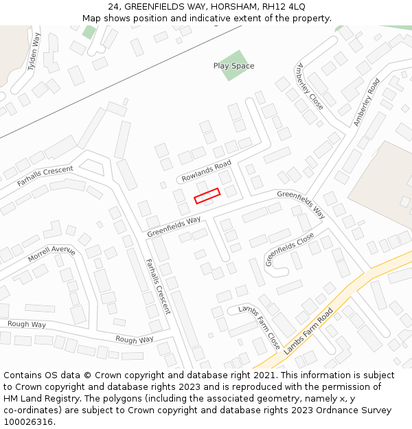 24, GREENFIELDS WAY, HORSHAM, RH12 4LQ: Location map and indicative extent of plot