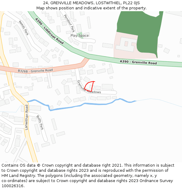 24, GRENVILLE MEADOWS, LOSTWITHIEL, PL22 0JS: Location map and indicative extent of plot