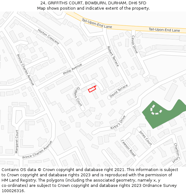 24, GRIFFITHS COURT, BOWBURN, DURHAM, DH6 5FD: Location map and indicative extent of plot