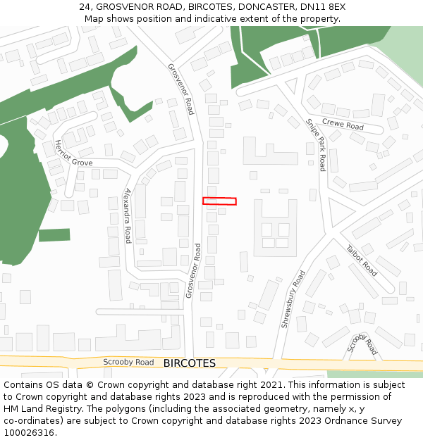 24, GROSVENOR ROAD, BIRCOTES, DONCASTER, DN11 8EX: Location map and indicative extent of plot