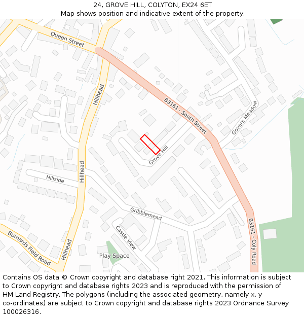 24, GROVE HILL, COLYTON, EX24 6ET: Location map and indicative extent of plot