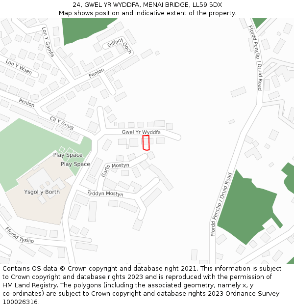 24, GWEL YR WYDDFA, MENAI BRIDGE, LL59 5DX: Location map and indicative extent of plot