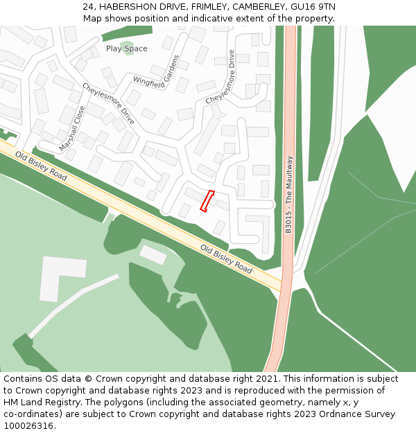 24, HABERSHON DRIVE, FRIMLEY, CAMBERLEY, GU16 9TN: Location map and indicative extent of plot