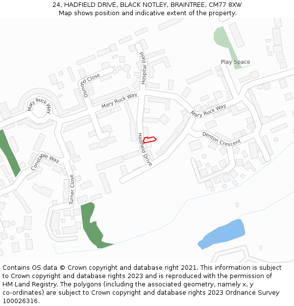 24, HADFIELD DRIVE, BLACK NOTLEY, BRAINTREE, CM77 8XW: Location map and indicative extent of plot