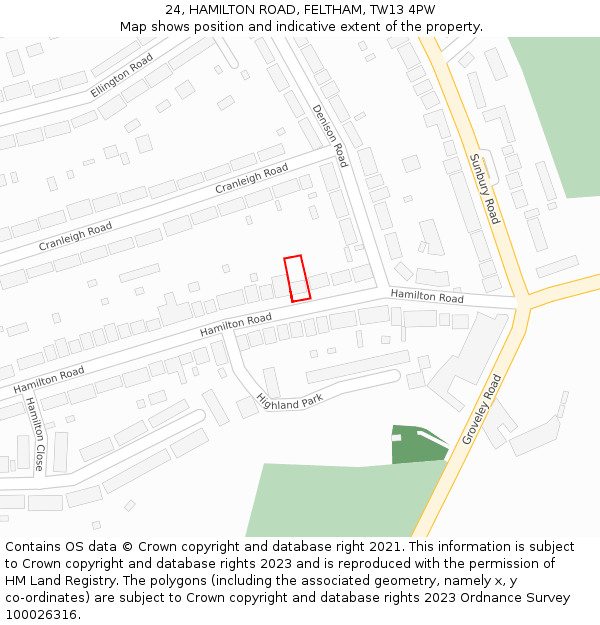 24, HAMILTON ROAD, FELTHAM, TW13 4PW: Location map and indicative extent of plot