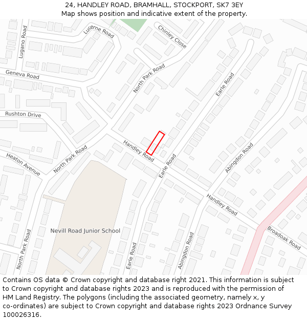 24, HANDLEY ROAD, BRAMHALL, STOCKPORT, SK7 3EY: Location map and indicative extent of plot