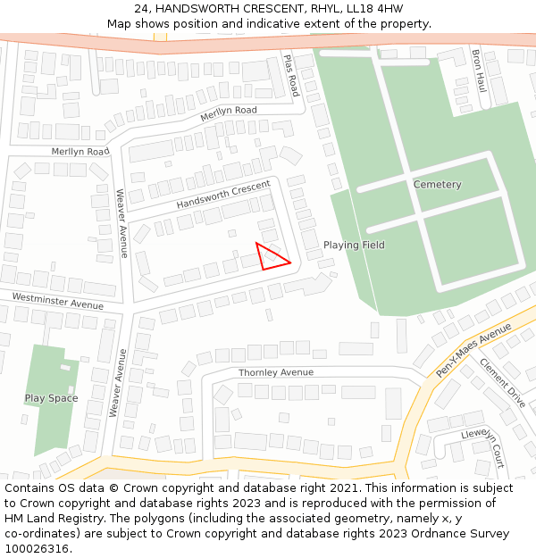 24, HANDSWORTH CRESCENT, RHYL, LL18 4HW: Location map and indicative extent of plot