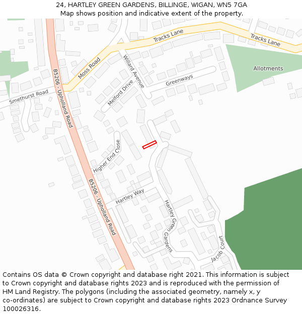 24, HARTLEY GREEN GARDENS, BILLINGE, WIGAN, WN5 7GA: Location map and indicative extent of plot