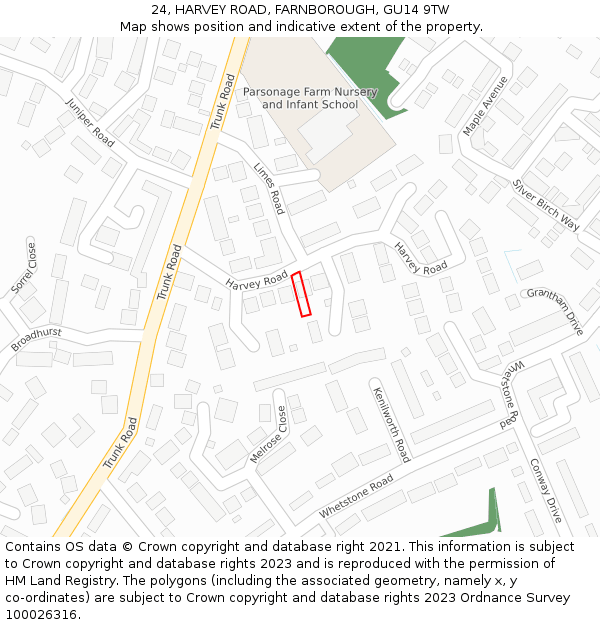 24, HARVEY ROAD, FARNBOROUGH, GU14 9TW: Location map and indicative extent of plot