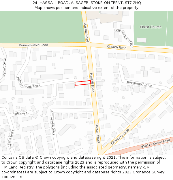 24, HASSALL ROAD, ALSAGER, STOKE-ON-TRENT, ST7 2HQ: Location map and indicative extent of plot