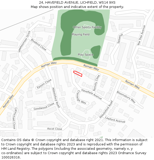 24, HAVEFIELD AVENUE, LICHFIELD, WS14 9XS: Location map and indicative extent of plot