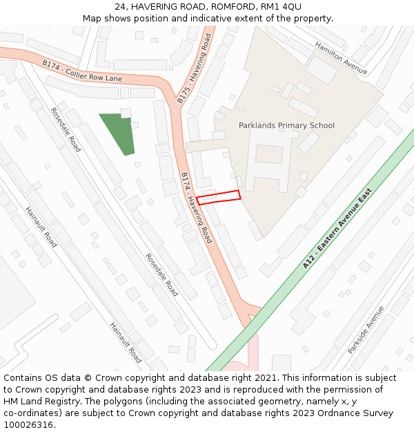 24, HAVERING ROAD, ROMFORD, RM1 4QU: Location map and indicative extent of plot