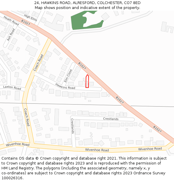 24, HAWKINS ROAD, ALRESFORD, COLCHESTER, CO7 8ED: Location map and indicative extent of plot