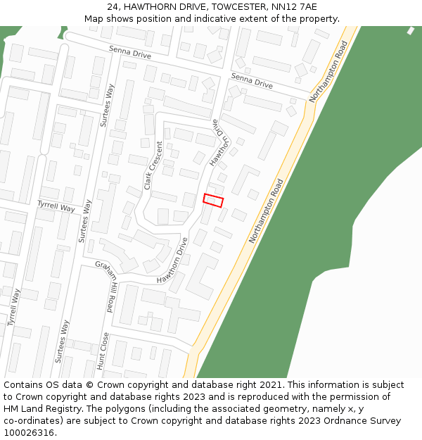 24, HAWTHORN DRIVE, TOWCESTER, NN12 7AE: Location map and indicative extent of plot