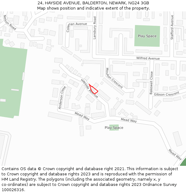 24, HAYSIDE AVENUE, BALDERTON, NEWARK, NG24 3GB: Location map and indicative extent of plot